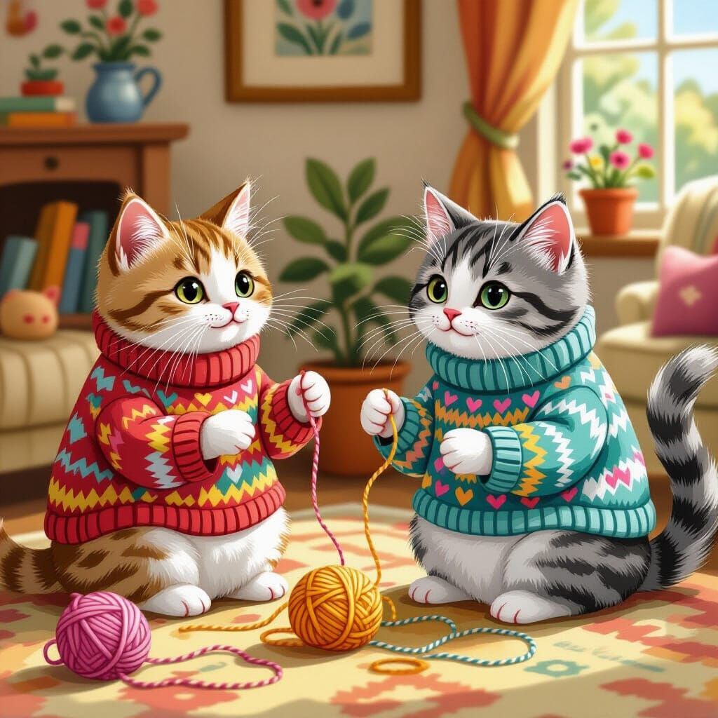 Adorable Cats in Sweaters Playing with Yarn