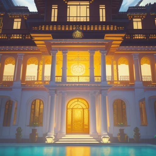 Lantern-Lit Villa Mansion in Dreamlike Digital Art