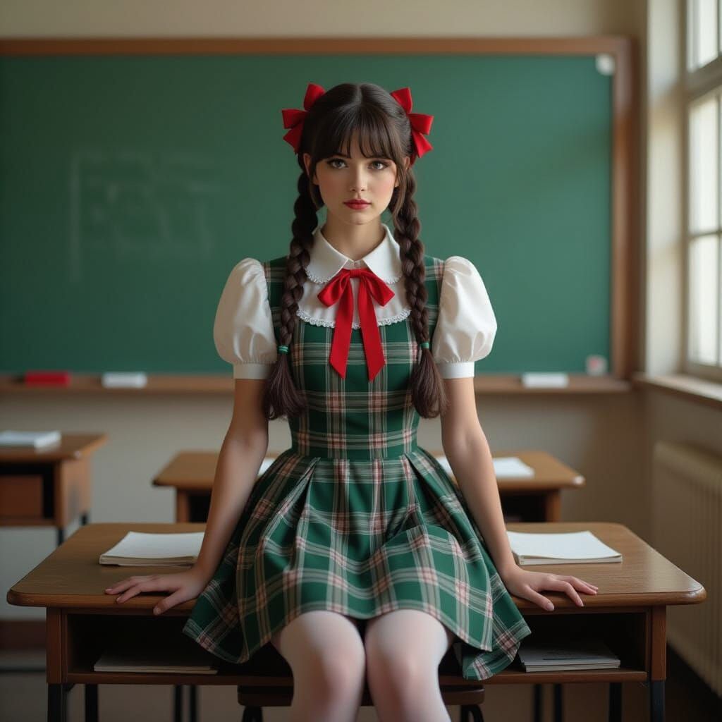 Young Woman in School Uniform on Giant Desk