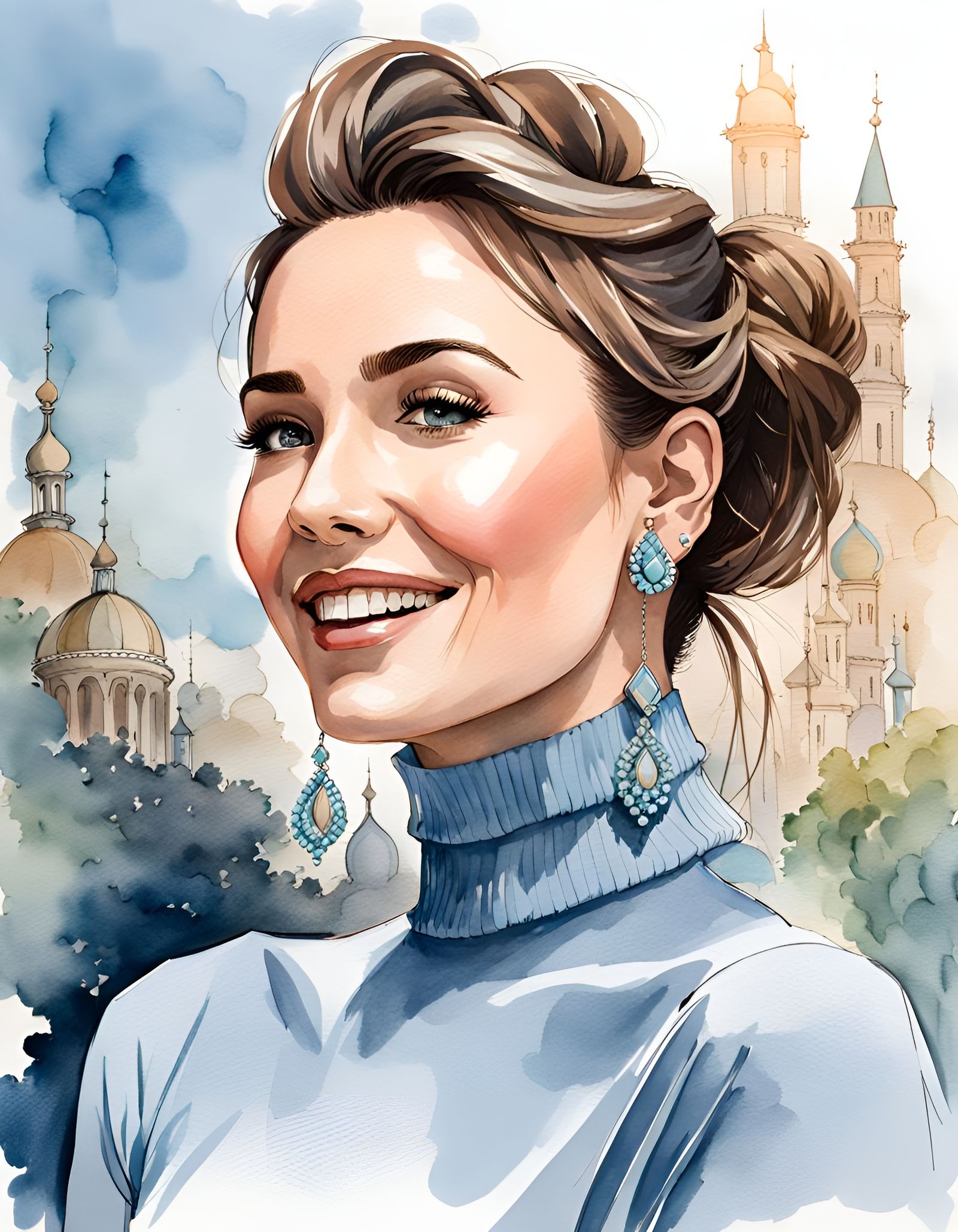 Brunette Woman in Turtleneck, Watercolor Ink Drawing