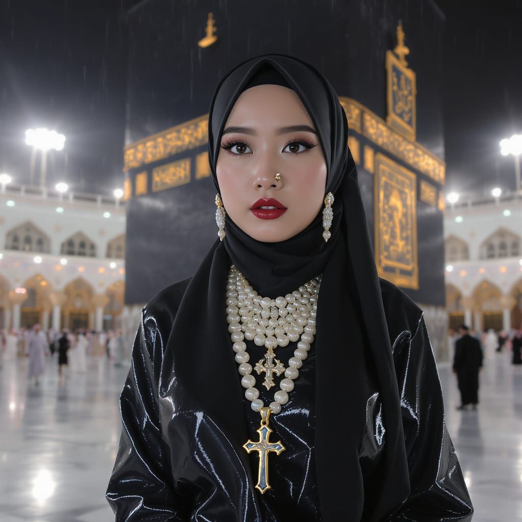 Futuristic Asian Woman at Ka'bah in Neon Style