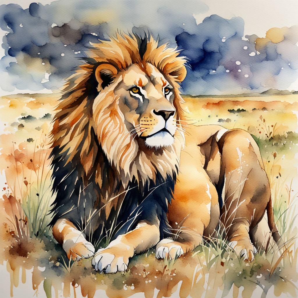 Watercolour Lion in Wet Wash Style