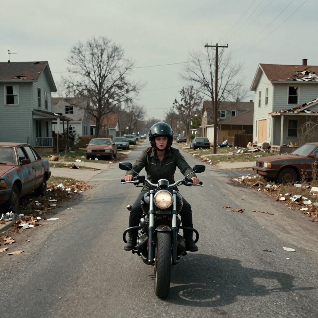 Post-Apocalyptic Street Scene with Motorcyclist