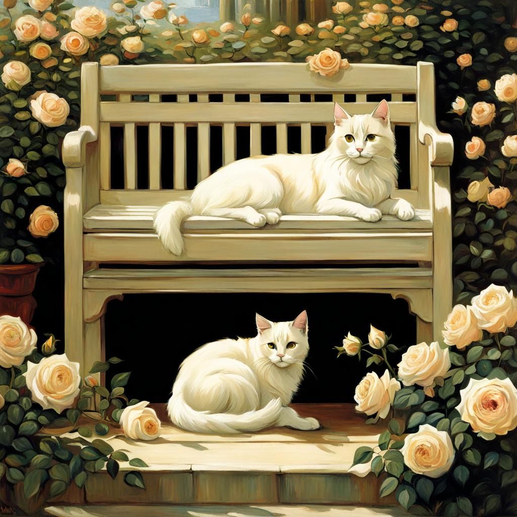 Cream Cat in Rose Garden, Waterhouse Style