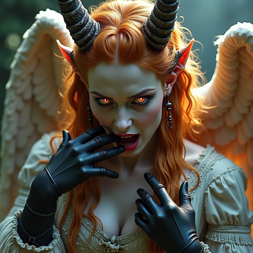 Beautiful angel demon hybrid woman. She is Eating a human. F...
