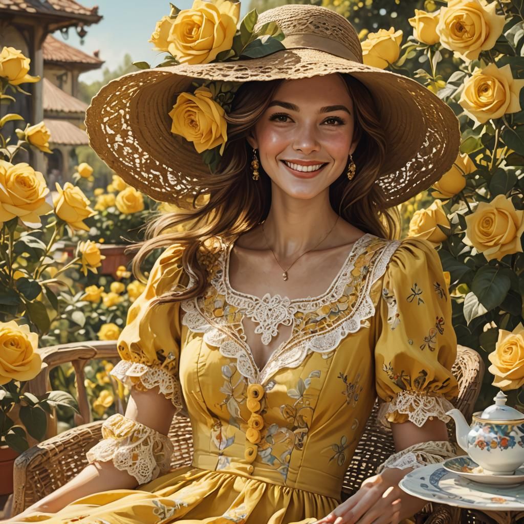 Woman in Yellow Dress Having Tea, Art Nouveau