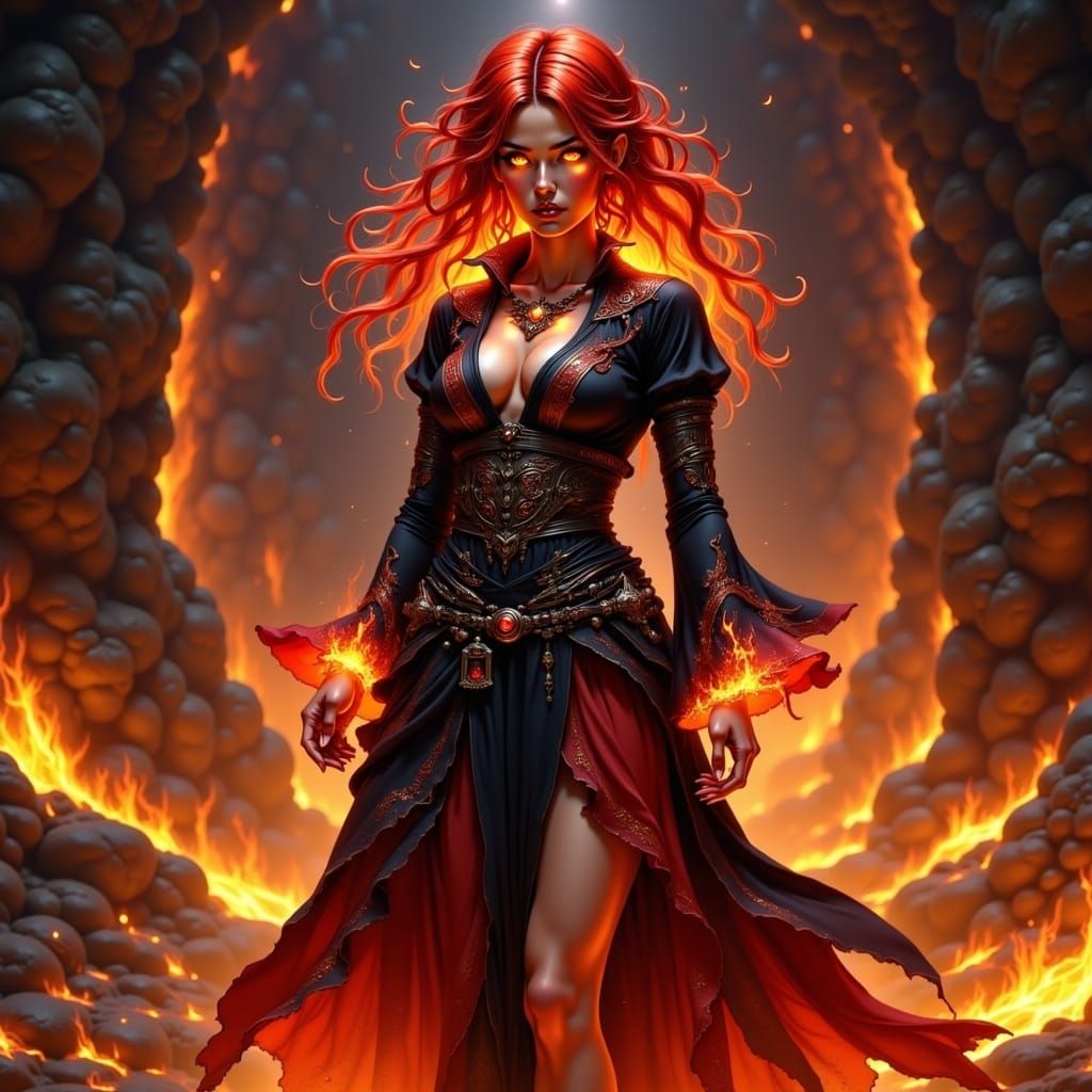 Flame Witch in Lava Chamber: Digital Art