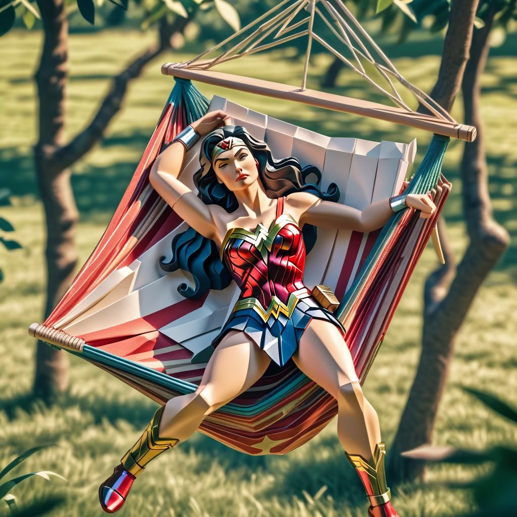 Wonder Woman Relaxing in Origami Papercraft Style