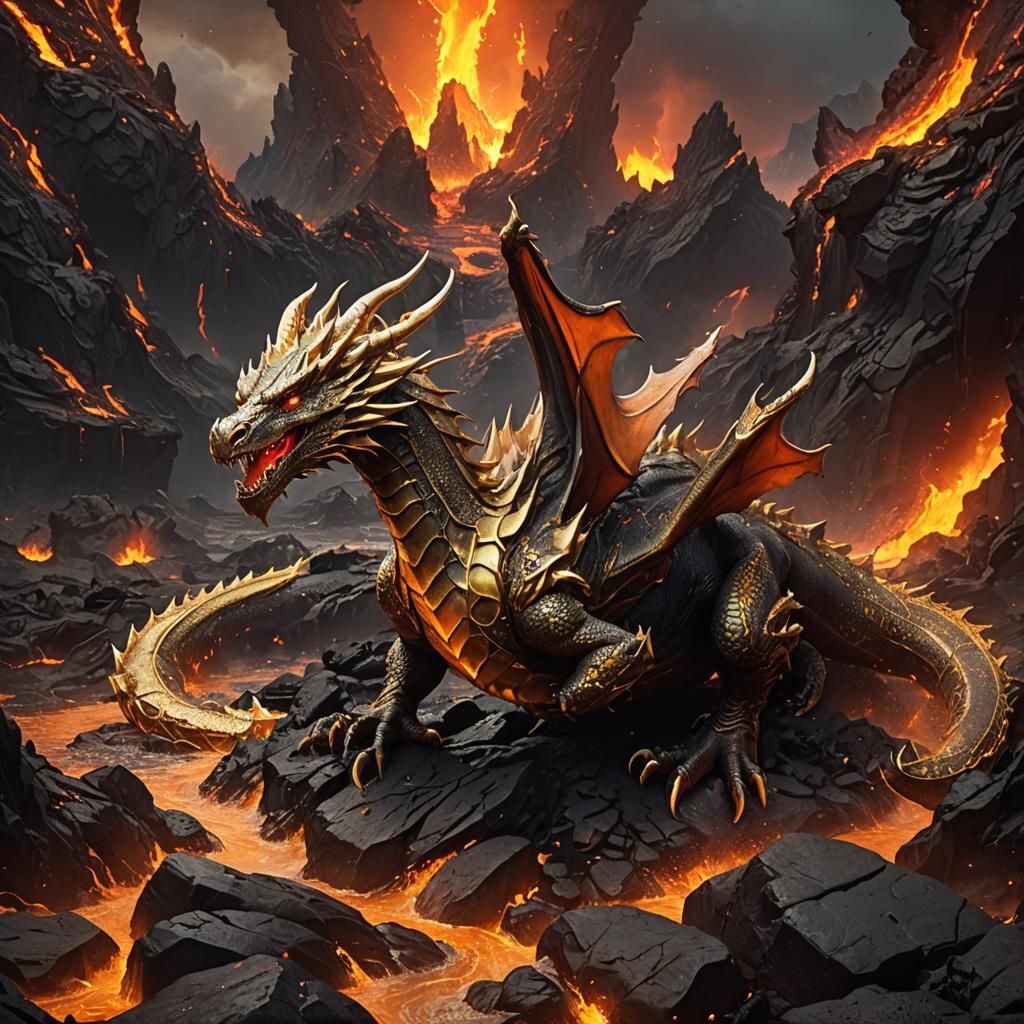 Golden Dragon in Lava: Fantasy Concept Art