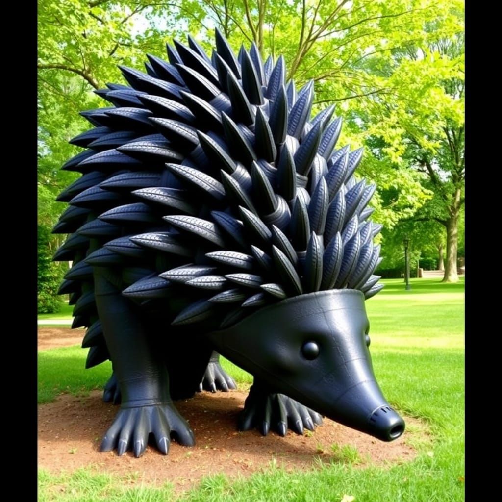 Giant Hedgehog Tire Sculpture in Assemblage Art Style