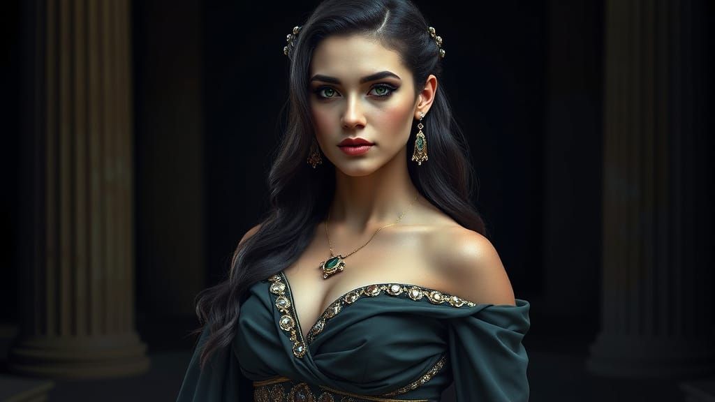 Hyperrealistic Greek Queen in Opulent Gown