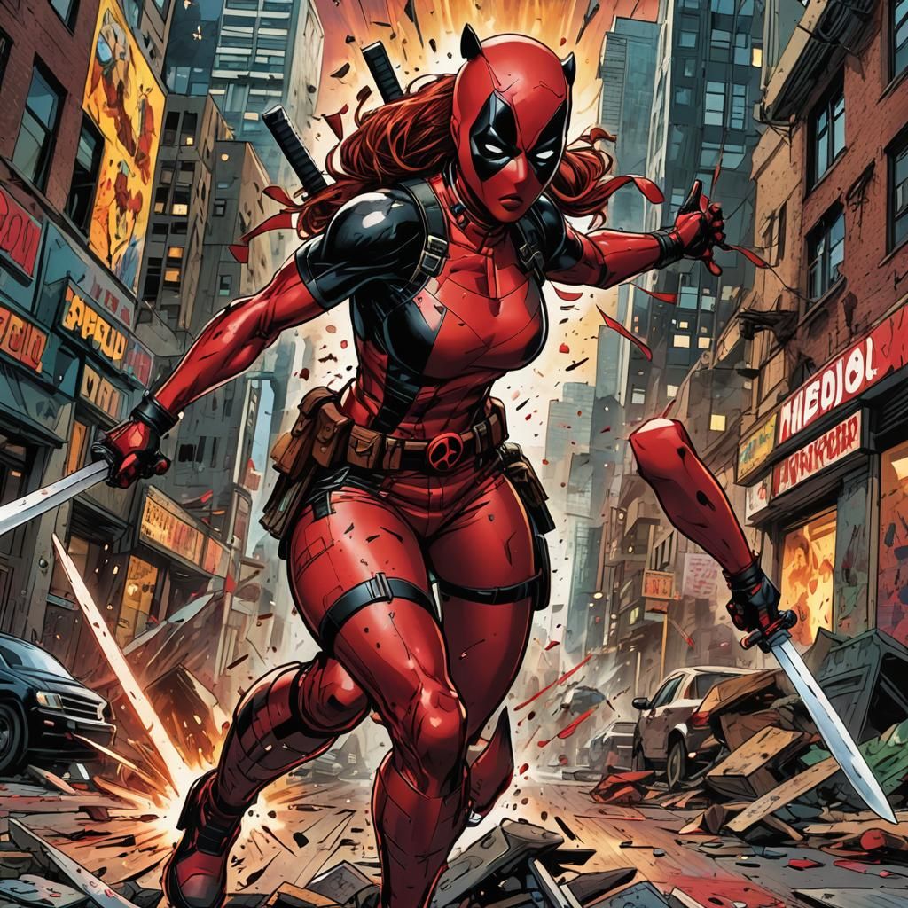 Deadpool Girl in City Street: Comic Book Art