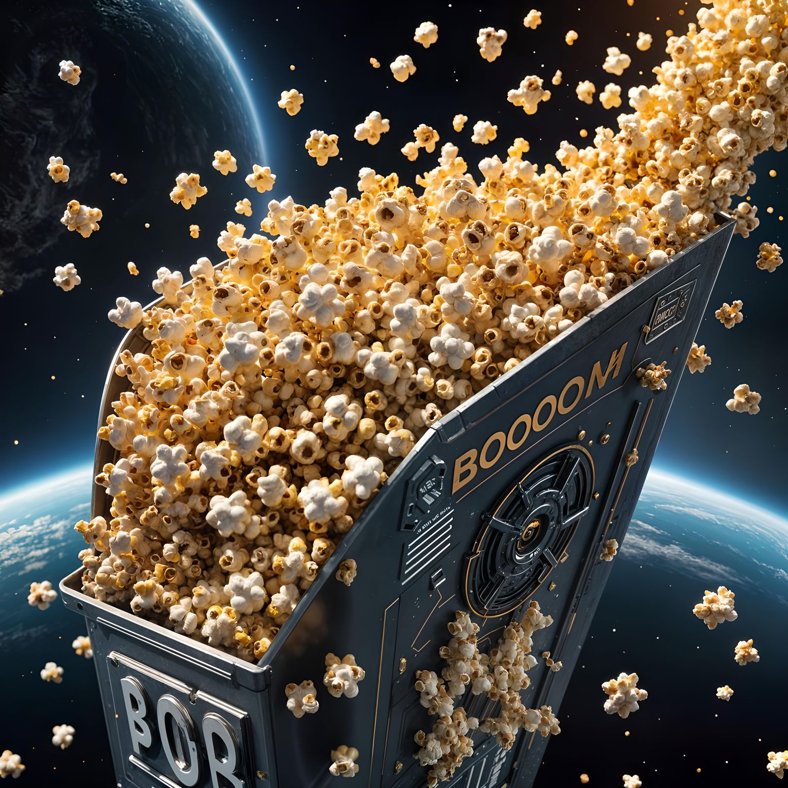 Exploding Popcorn Rocket Launch: Hyperrealistic Sci-Fi Art