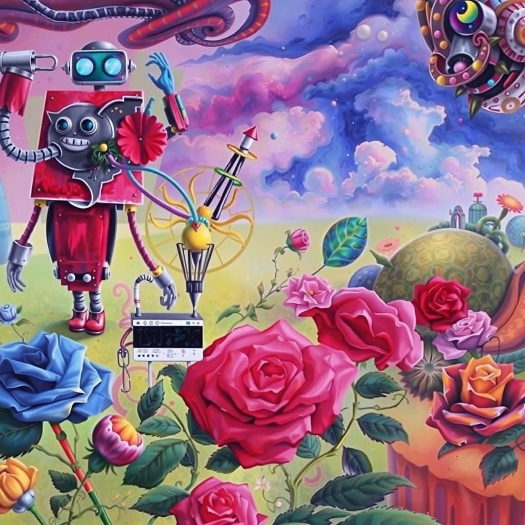 Surreal Robots Unwind in a Whimsical Rose Garden