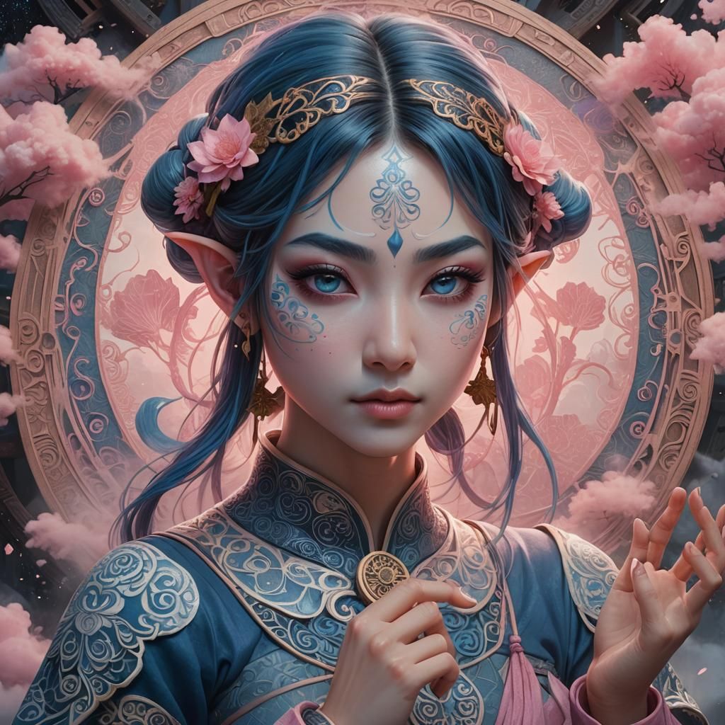 Blue Elf Carving Woodblock Print: Fantasy Art