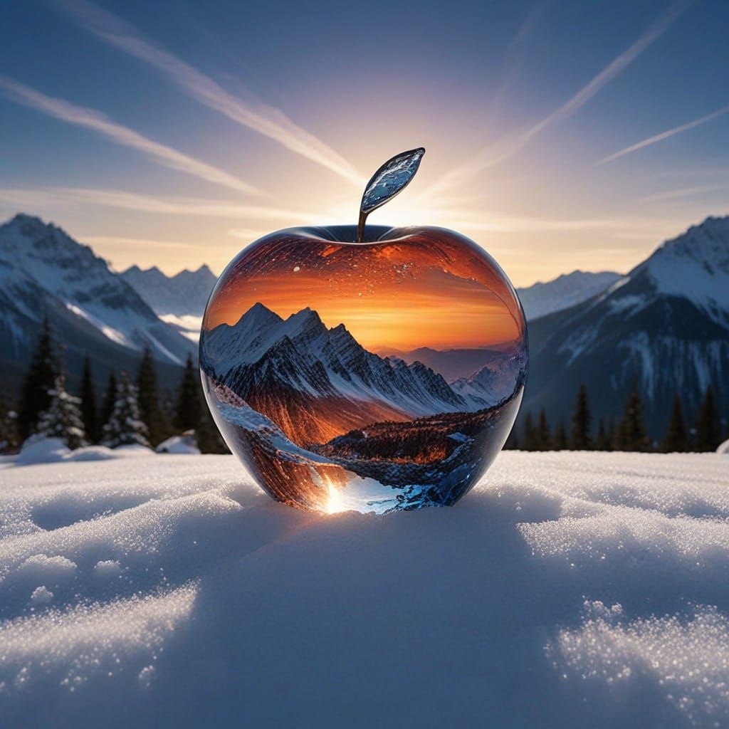 Crystal Apple on Snowy Mountain, Digital Art