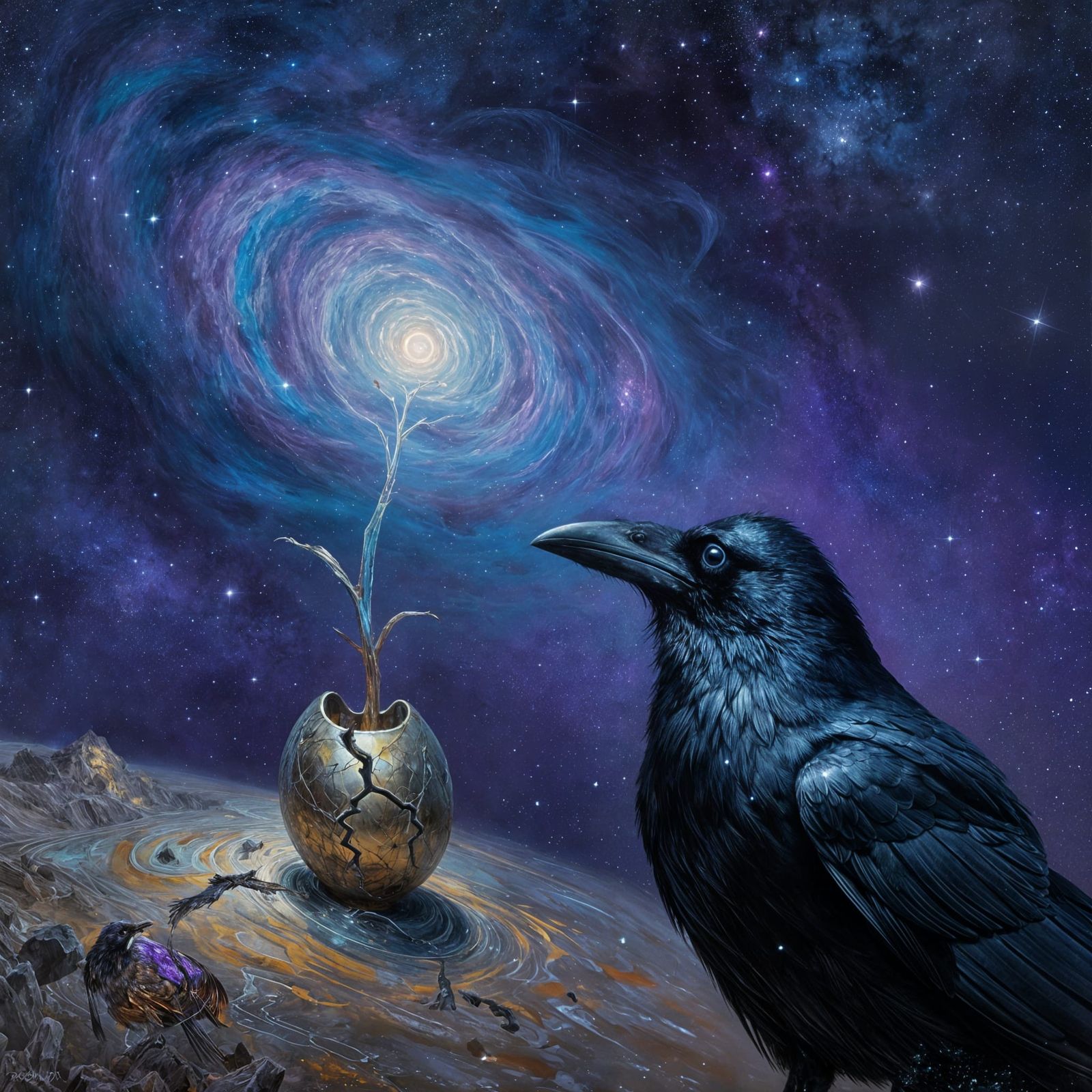 Raven Gazes at Nebula on Alien Planet in Surreal Style