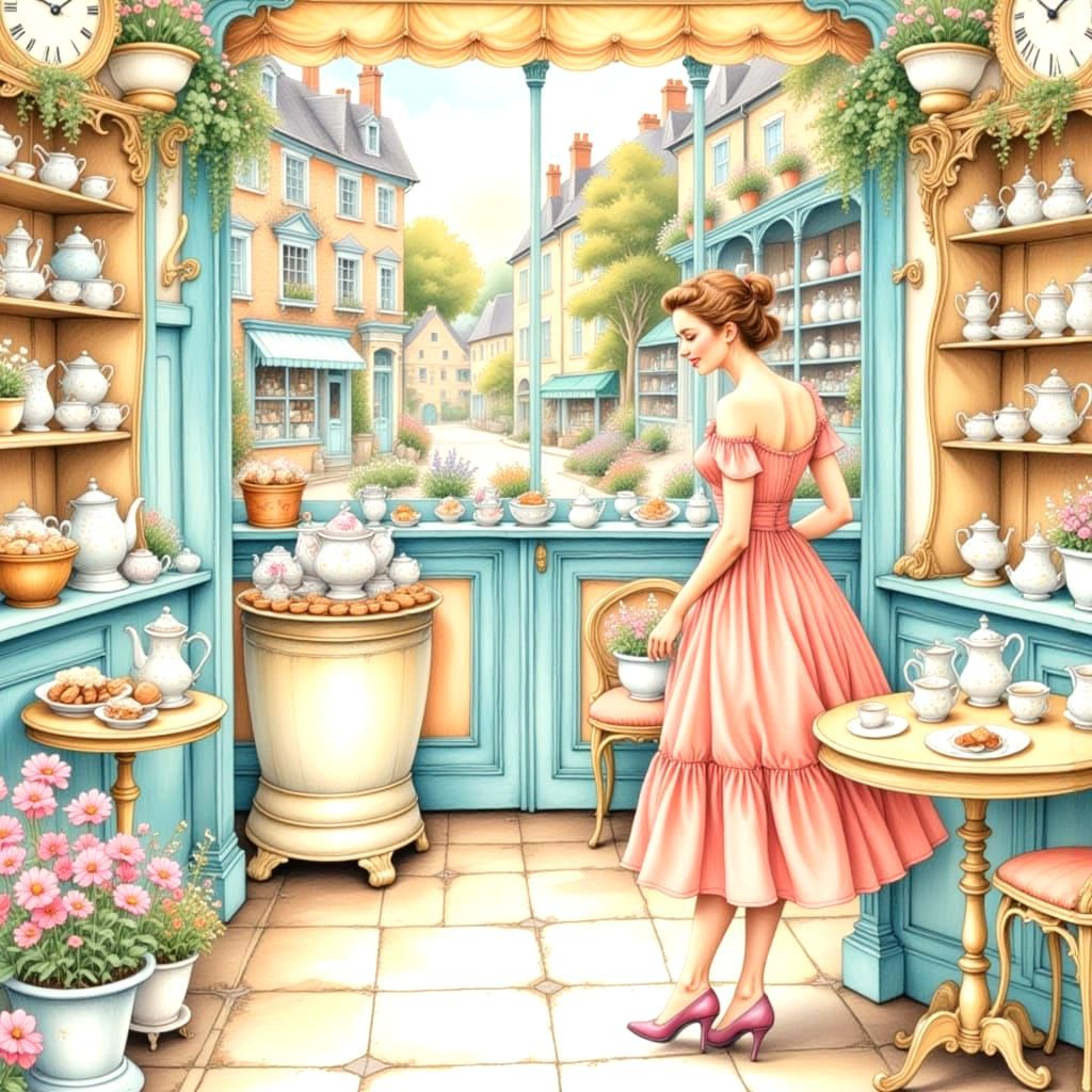 Vintage English Teashop with Elegant Lady