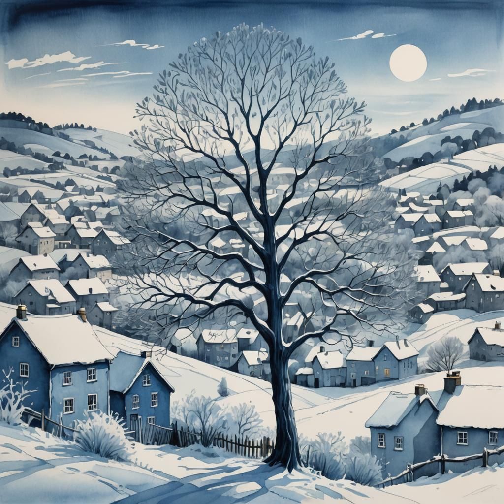 Serene Monochromatic Winter Scene in Delicate Ink Drawing St...