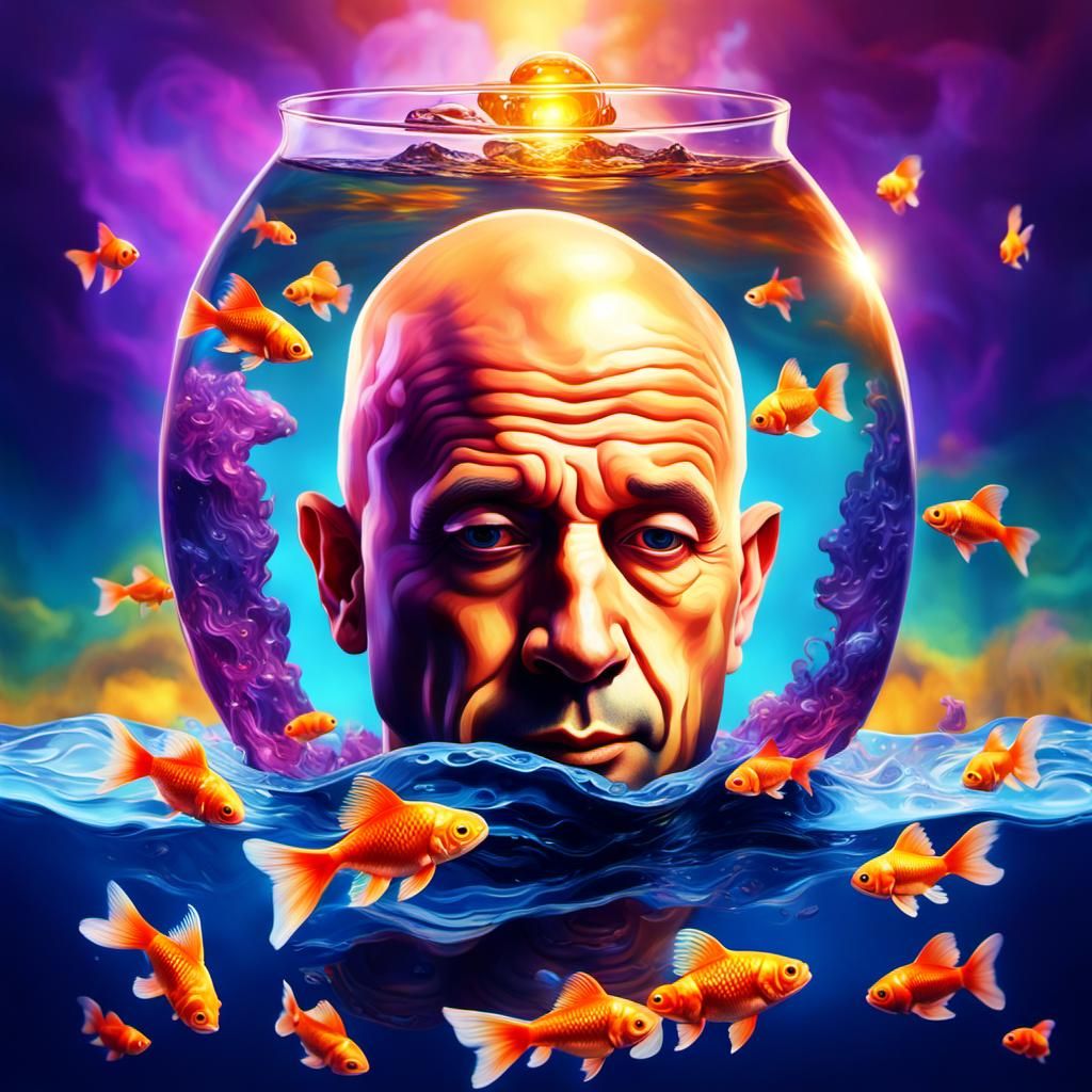 upside down fishbowl  on a bald mans head with goldfish swim...