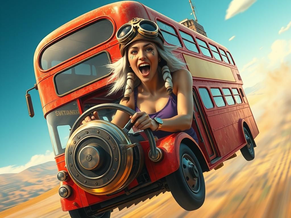 Steampunk Flying Bus with Pilot in Hyperrealistic Style