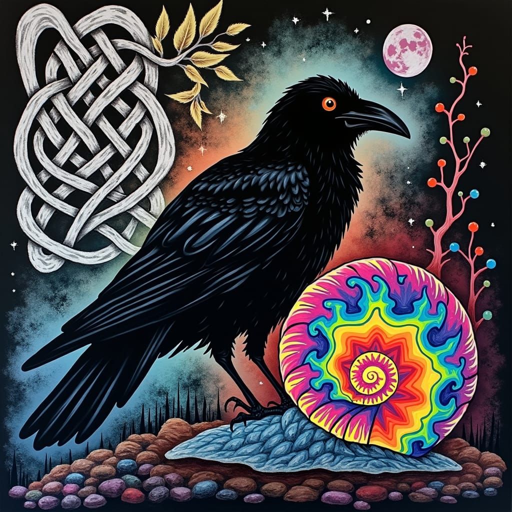 Surreal Celtic Raven Silhouette with Rainbow Fairy