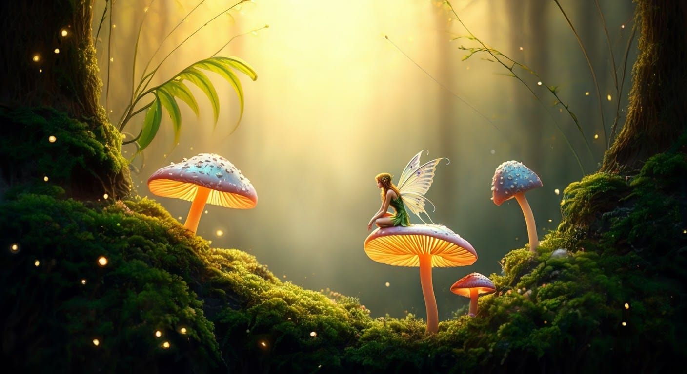 Fairy on Mushroom in Golden Forest