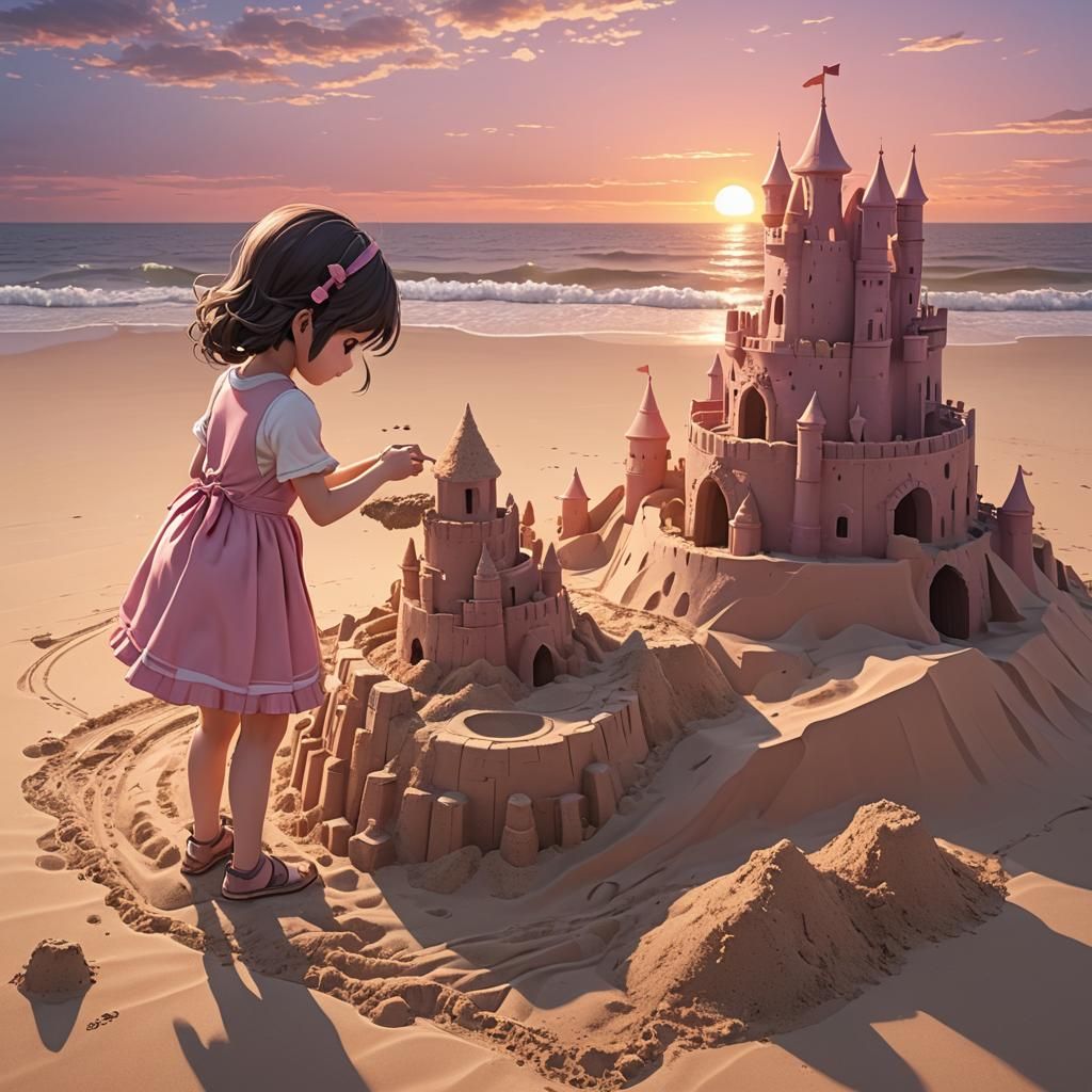 Anime Girl Builds Sandcastle at Sunset