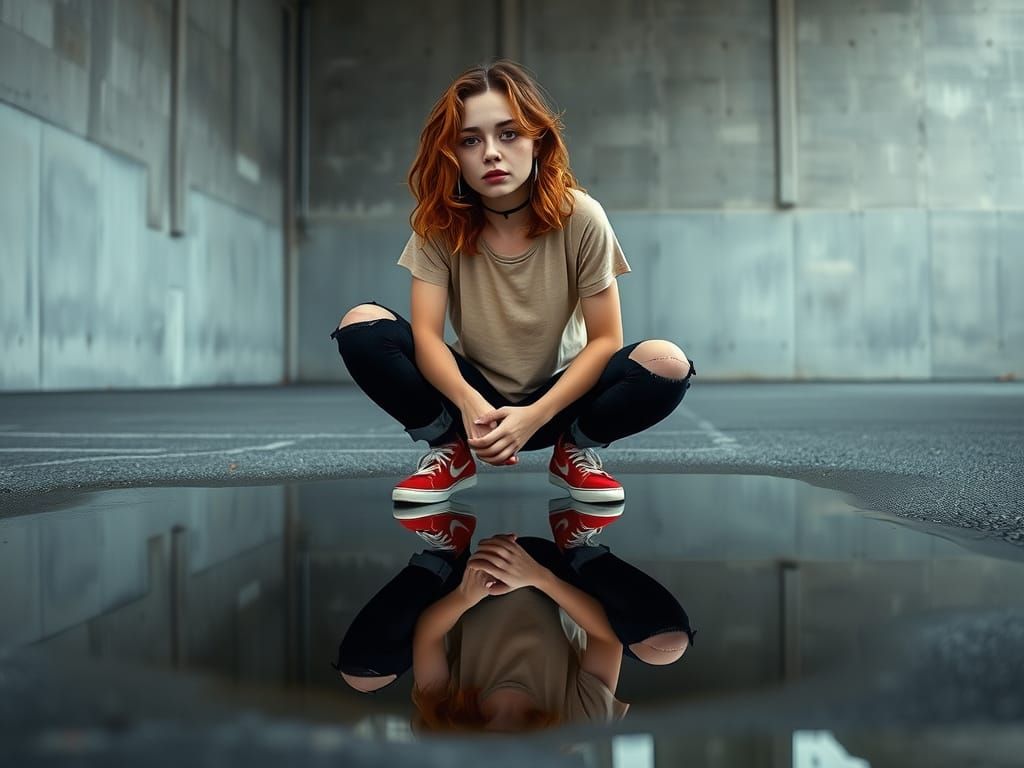 Woman Reflected in Puddle, Urban Street Photography