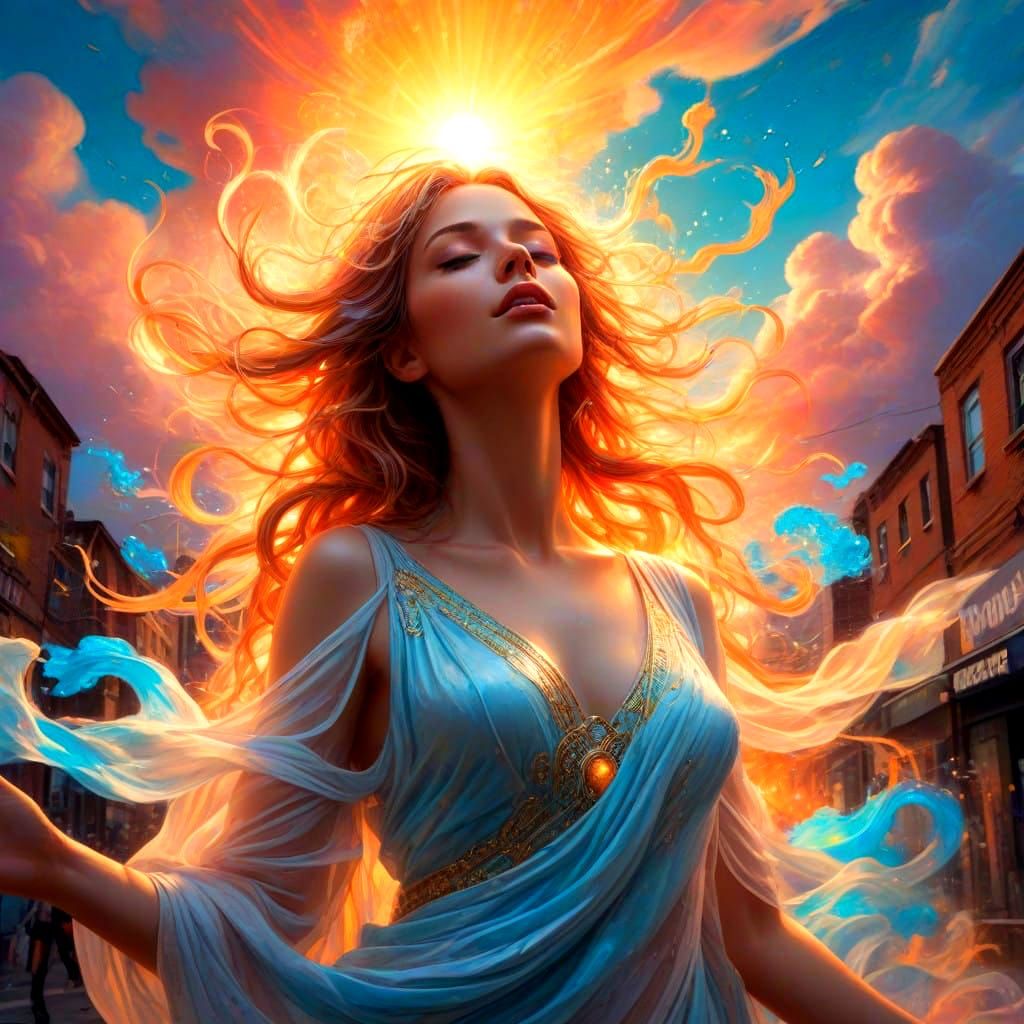 Ethereal Goddess in Vibrant Sunset Glow