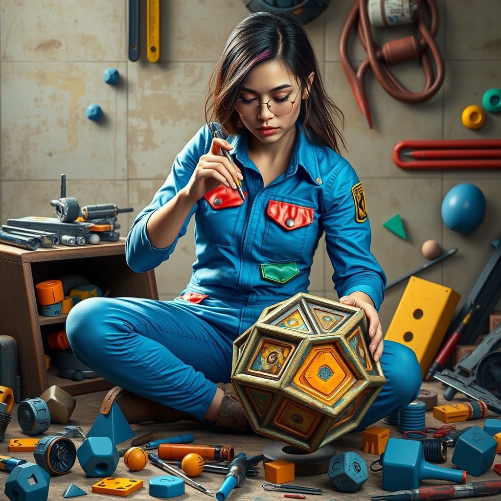 Woman Builds Dodecahedron in Futuristic Digital Art