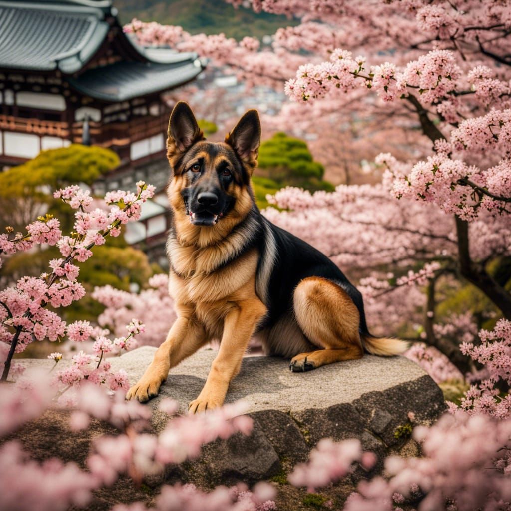 German Shepherd at Kiyomizu-dera Temple with Sakura