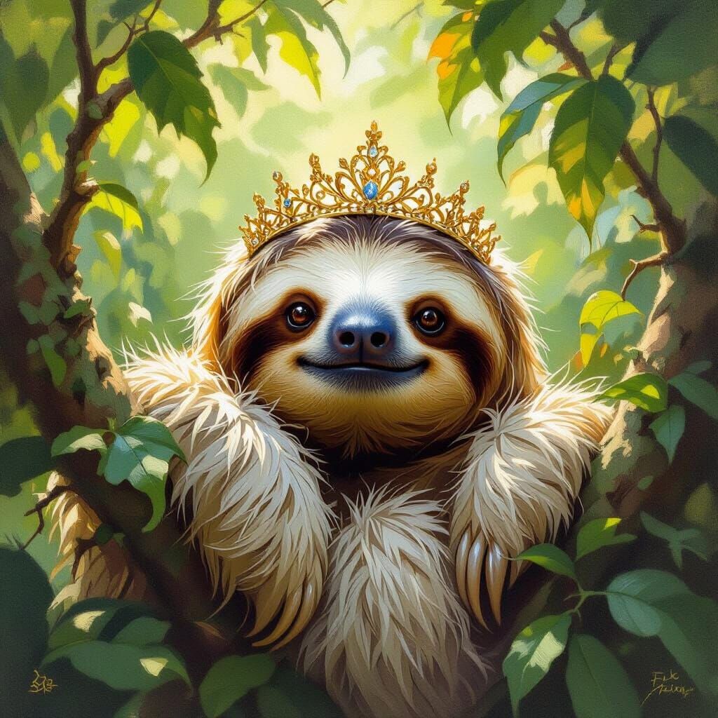 Cute Fluffy Sloth with Golden Tiara in Tree
