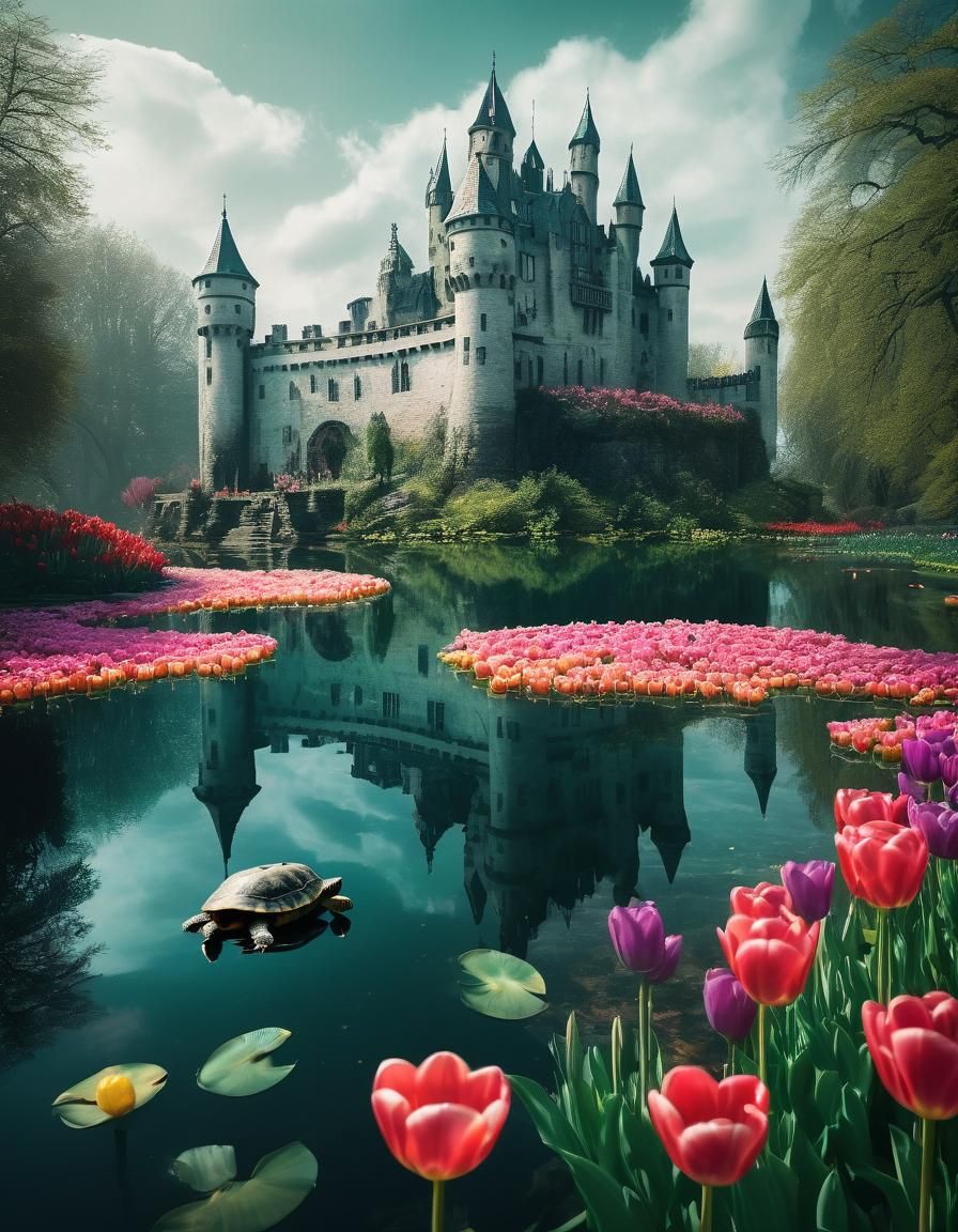 Floating White Castle in Dungeon with Neon Tulips