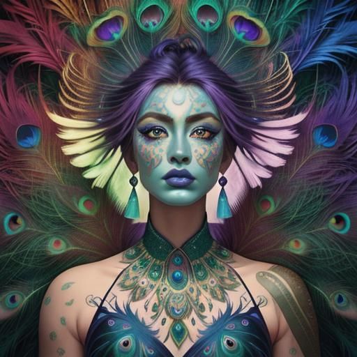 Rainbow Woman with Peacock Feathers in Oil Painting Style