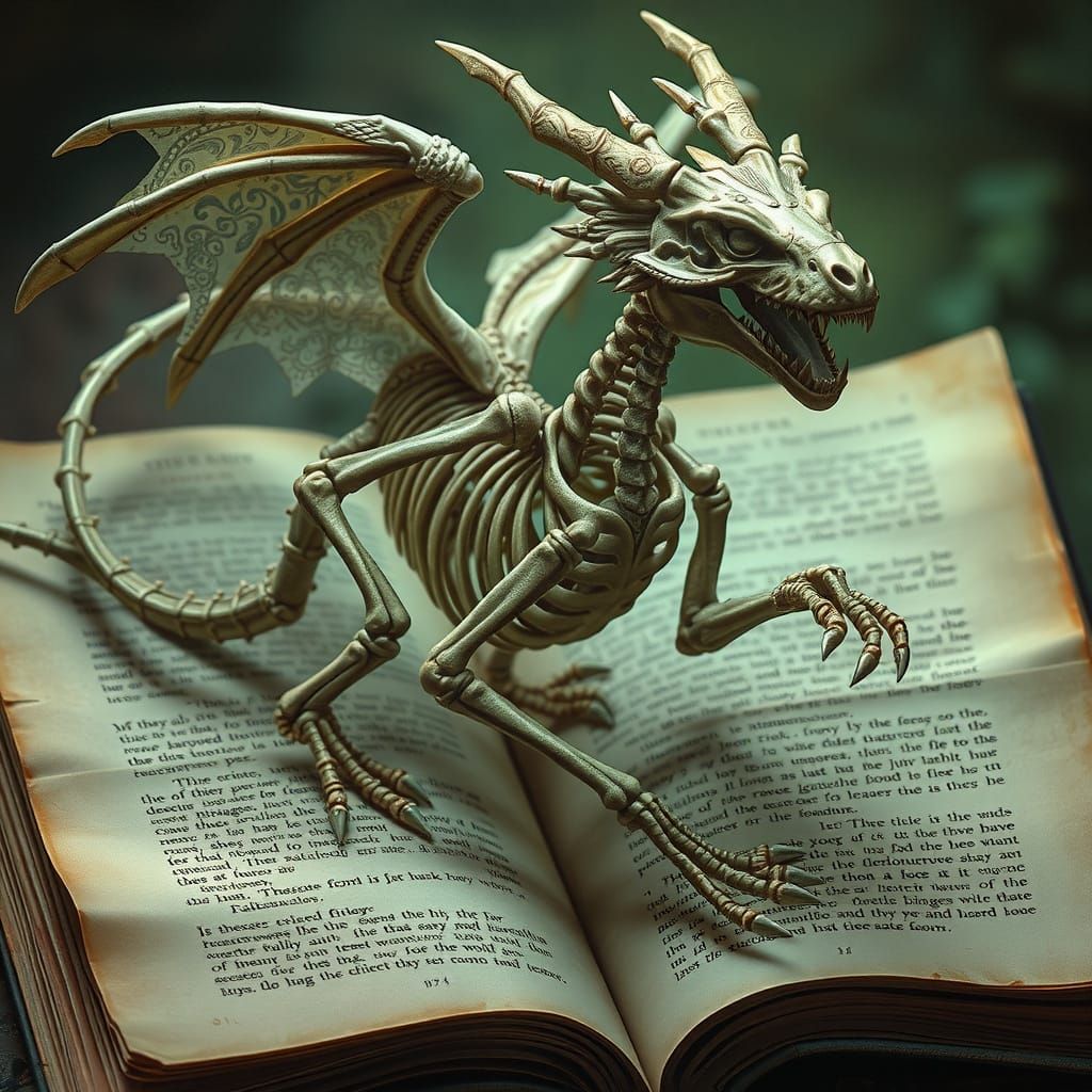 Ethereal Dragon Skeleton Emerges from Ancient Tome