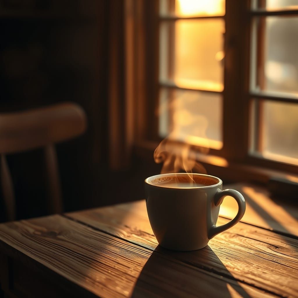 Coffee Cup in Golden Sunlight, Realistic Photography