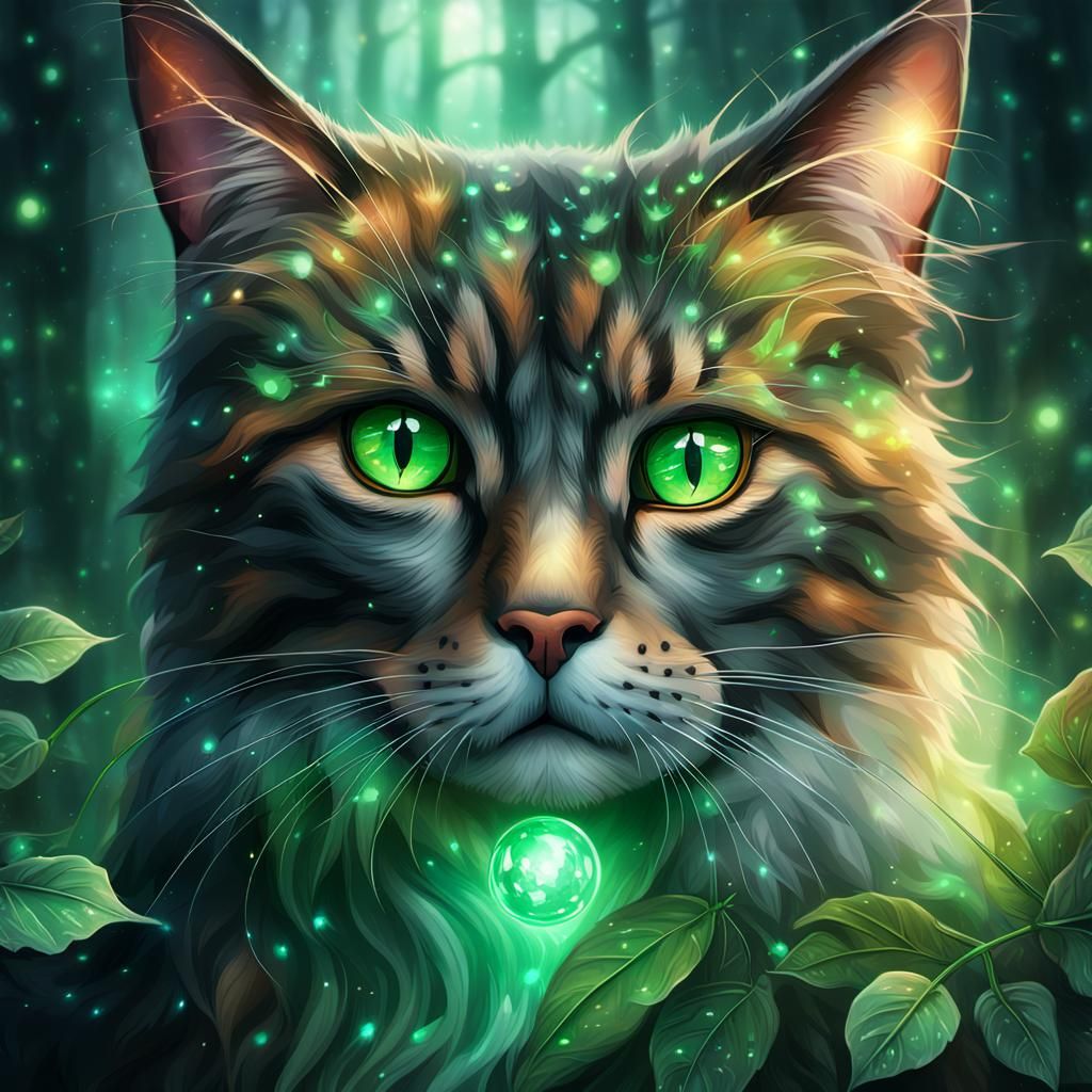Mystical Cat Portrait in Enchanted Forest