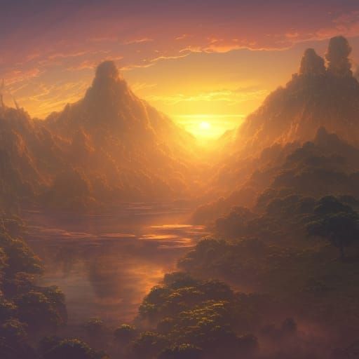 Golden Hour Fantasy Landscape in Anime Style