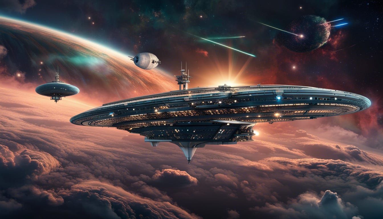USS Enterprise in Space with Iridescent Gas Cloud