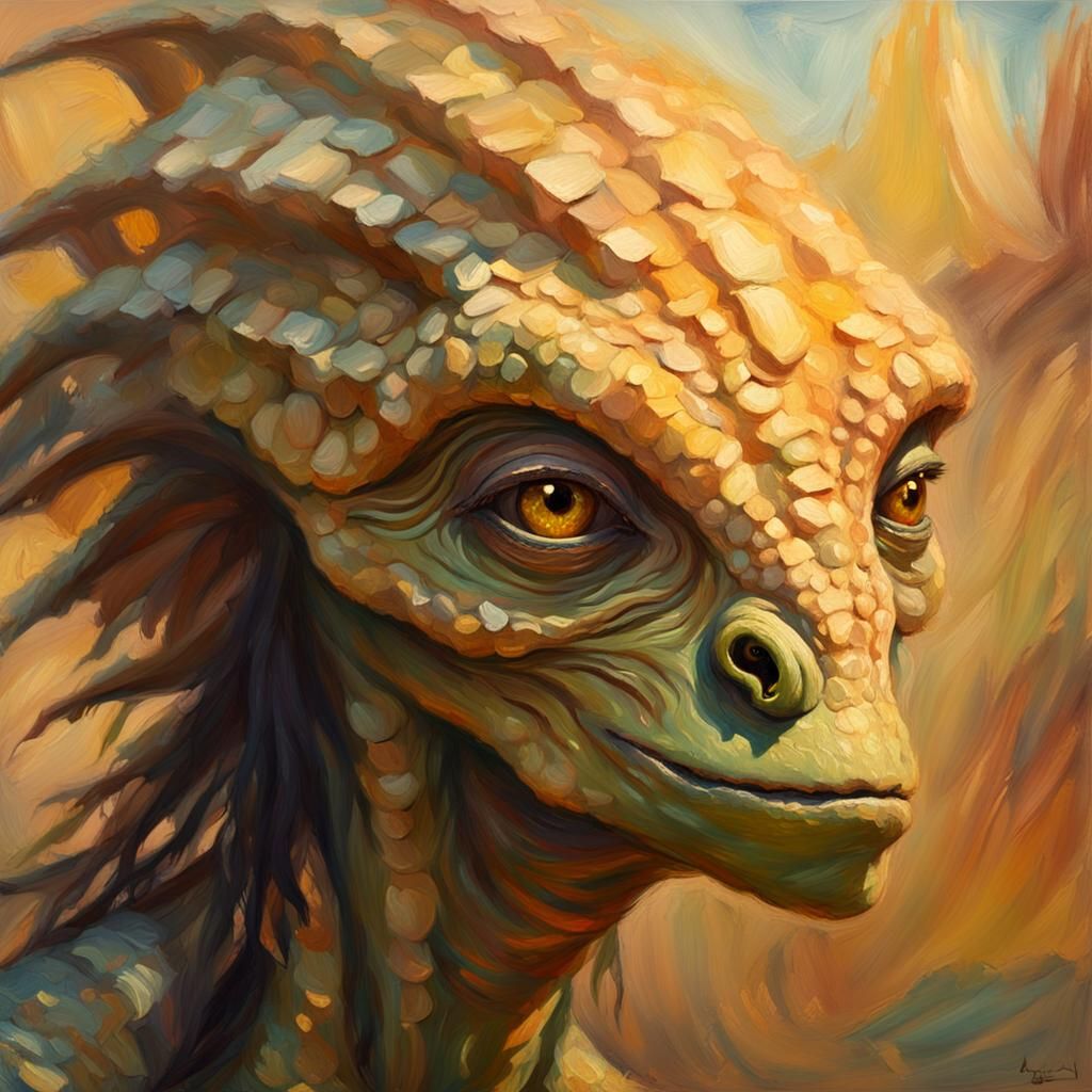 Alien Portrait with Wig as Impasto Oil Painting
