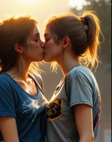 Lesbian Couple Kissing in Dystopian Landscape