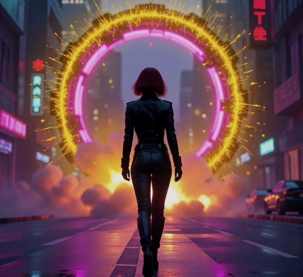 Cyberpunk Woman Walking Away from Explosion