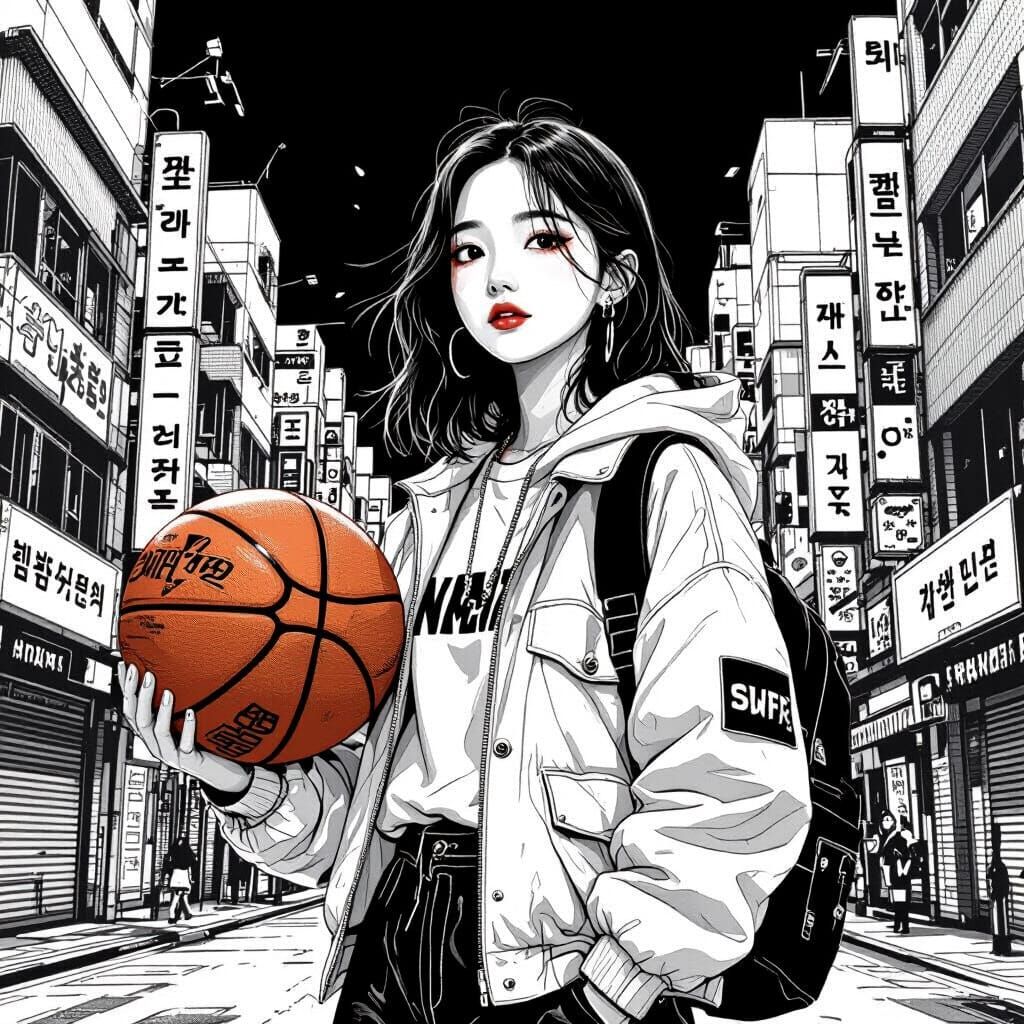 Trendy Korean Girl in Urban Black and White Sketch