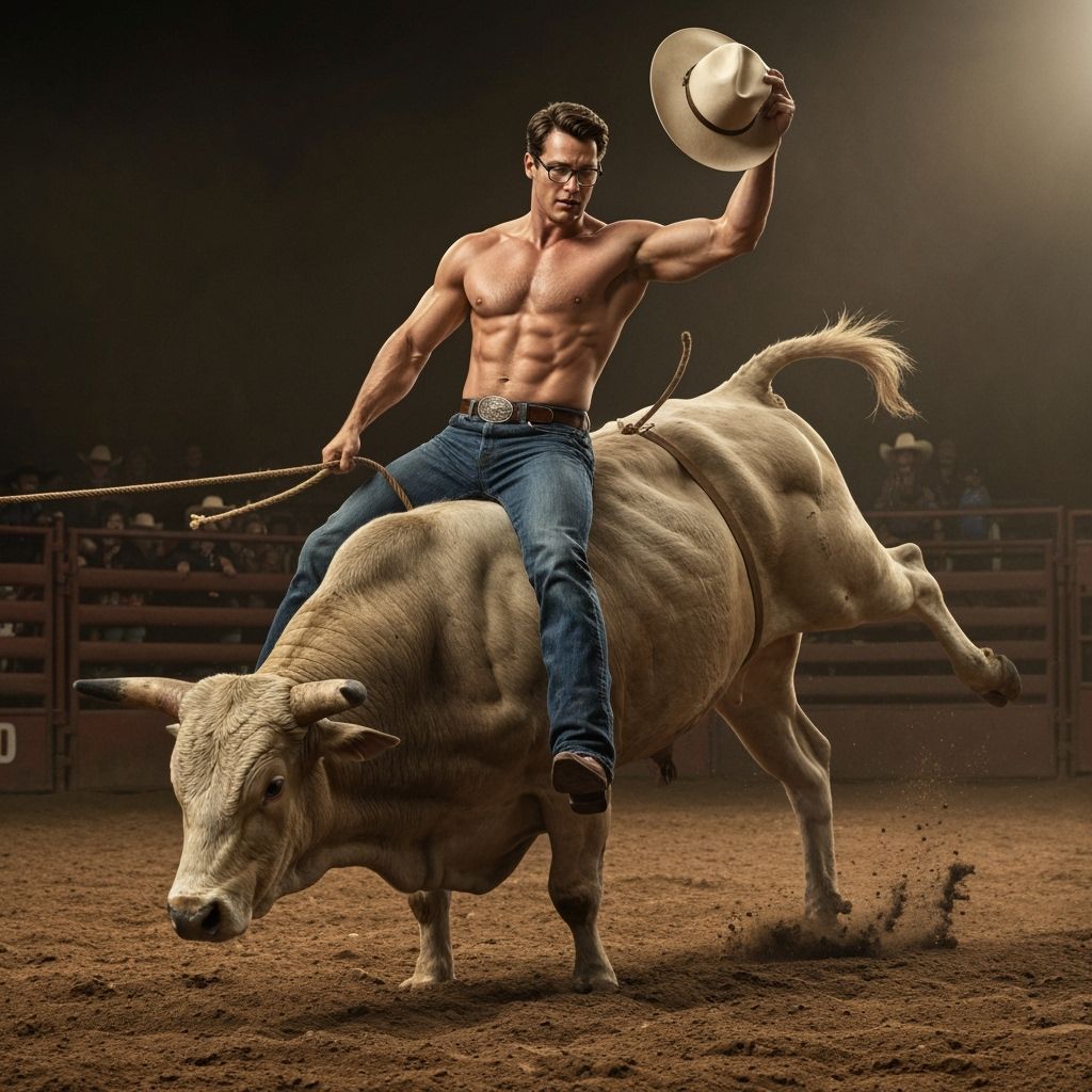 Muscular Clark Kent Rides Bucking Bull at Rodeo