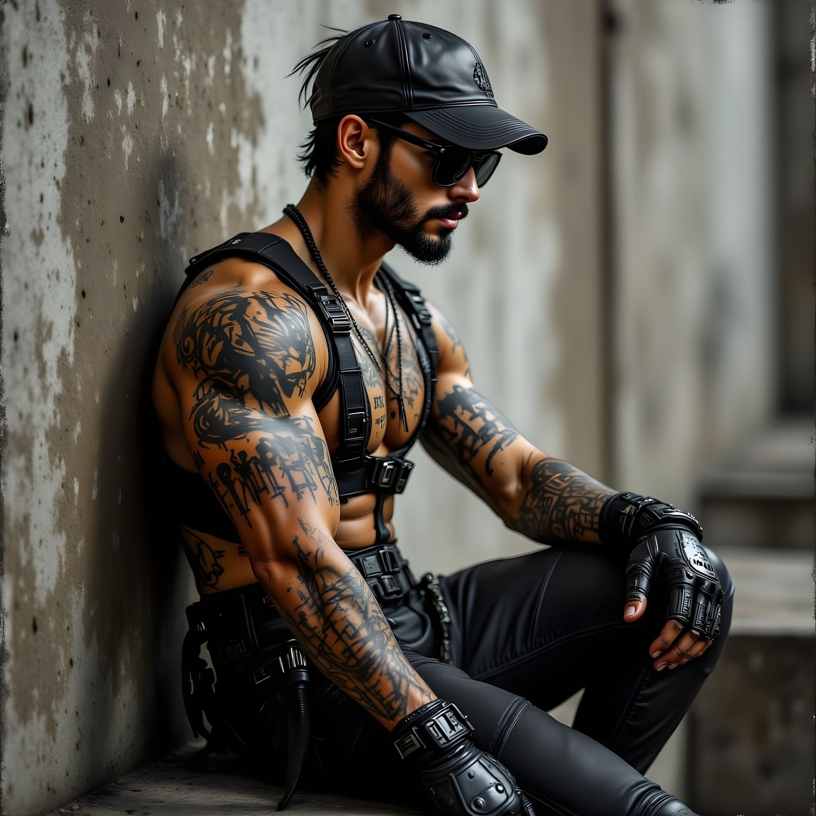 Leather-Clad Man Leaning Casually in Diffused Light