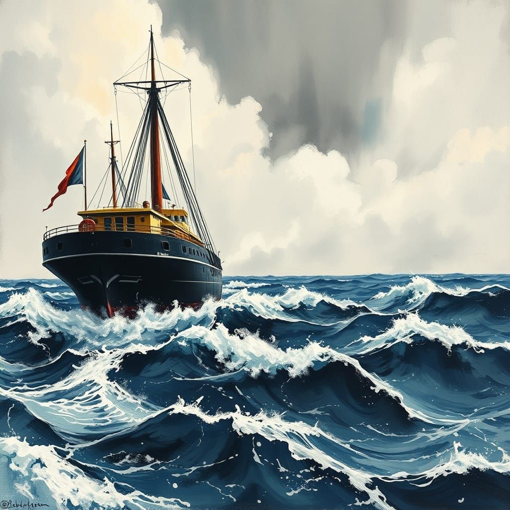 Majestic Ship's Bridge on Turbulent Seas, Epic Impressionist...