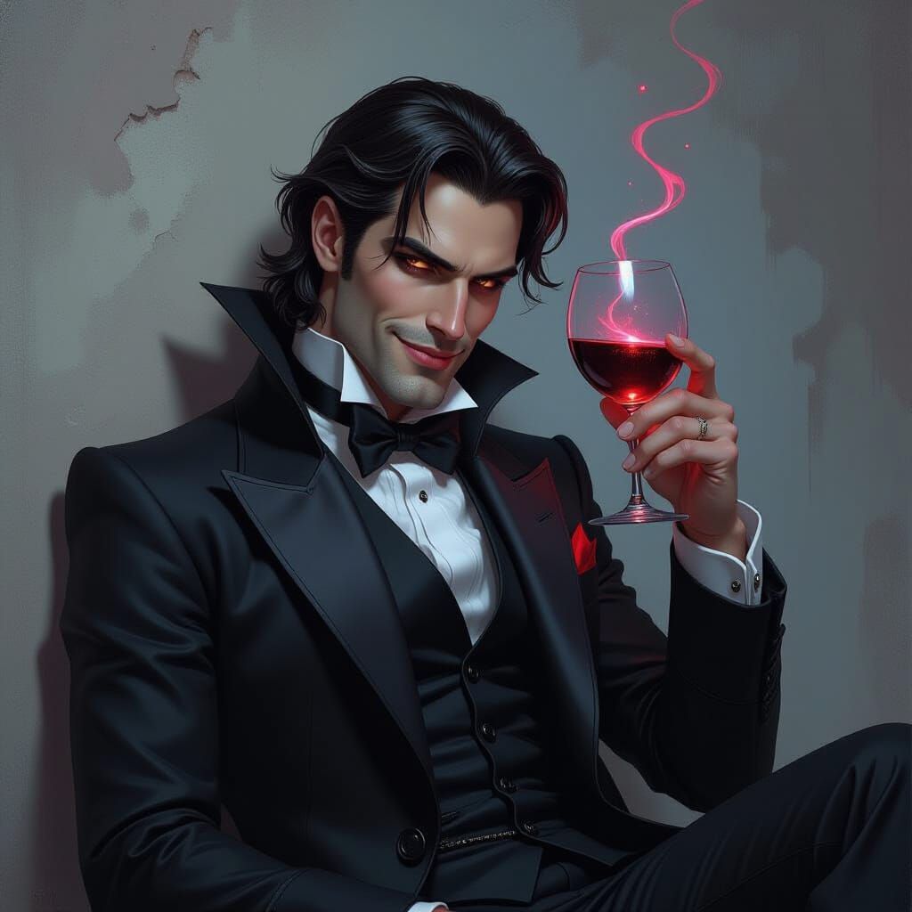 Playful Vampire Swirling Glowing Wine, Digital Art