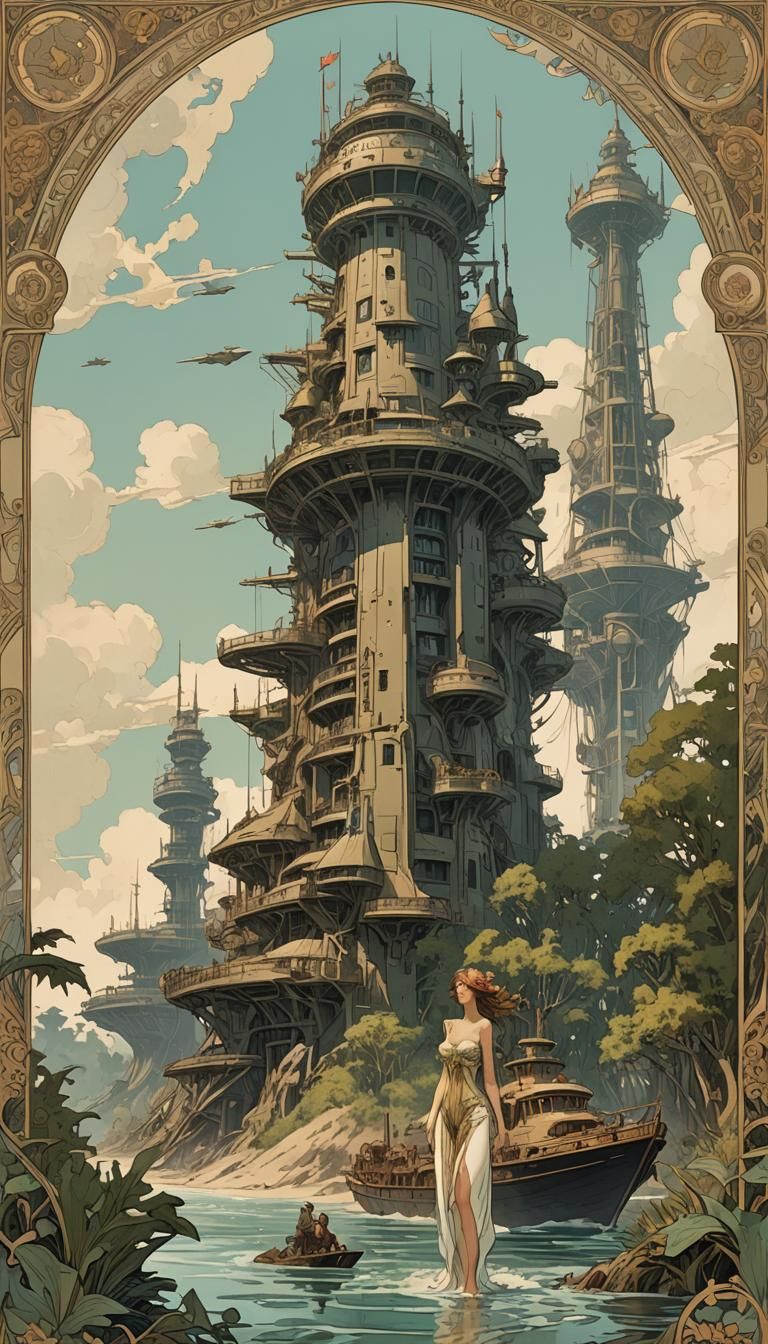 Battleship and Air Tower in Mucha Style