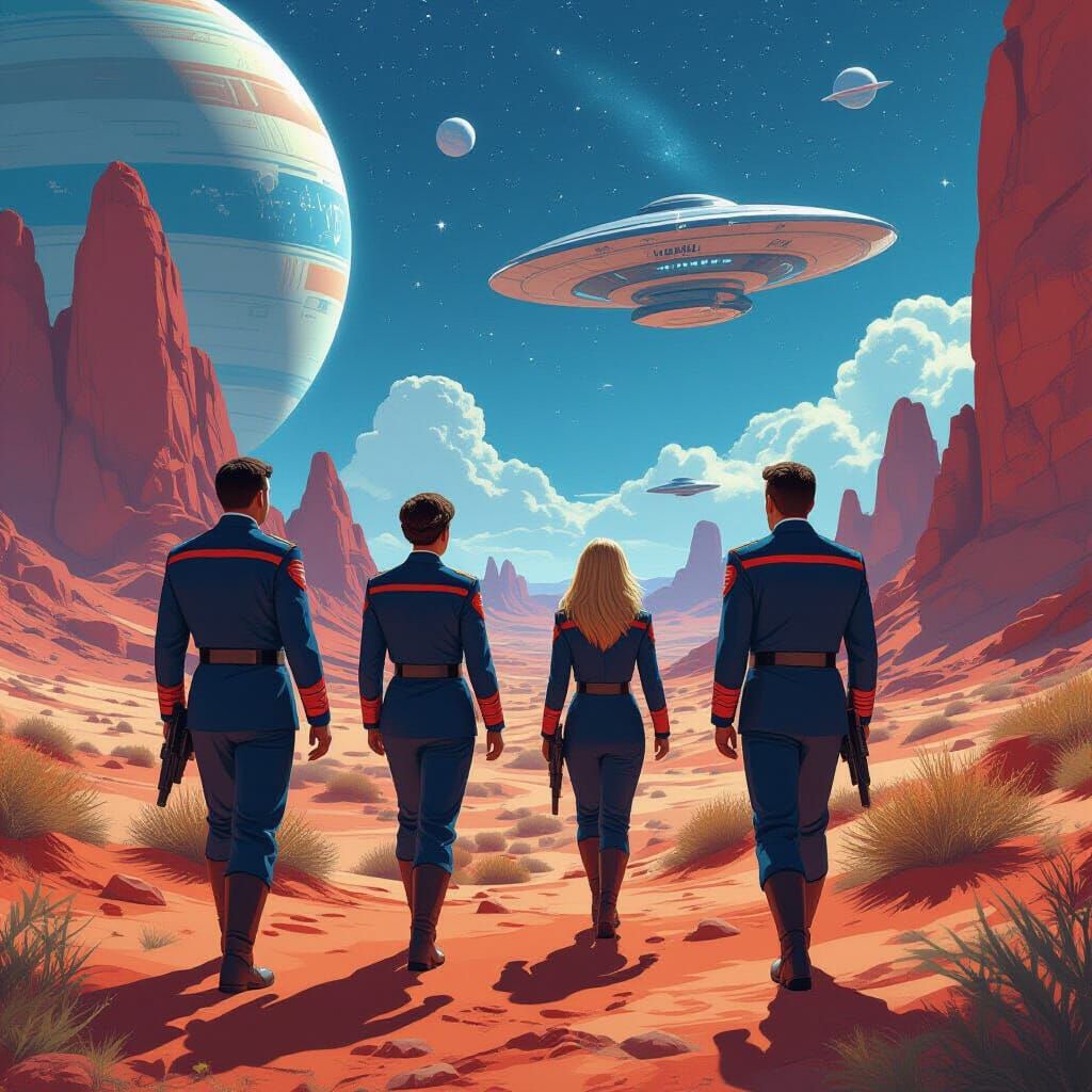 Stargate Team Explore Alien Planet in Retro Sci-Fi Style